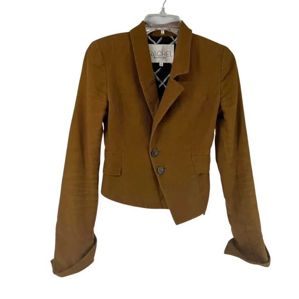 Rachel Roy Blazer Size 0 Brown Asymmetric Artsy Cotton Two Button Fitted Career